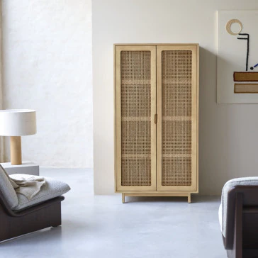 Luis - Armoire de rangement en orme massif et cannage