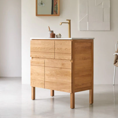 Easy - Meuble salle de bain en chêne massif et céramique 80 cm