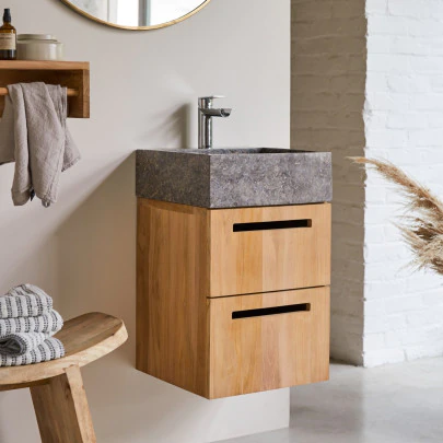 Line - Meuble salle de bain en teck massif et marbre 40 cm