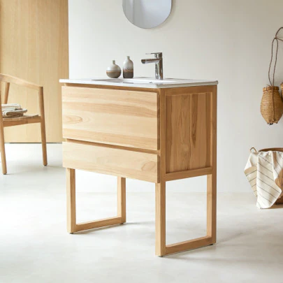 Edgar - Meuble salle de bain en teck massif et céramique 80 cm