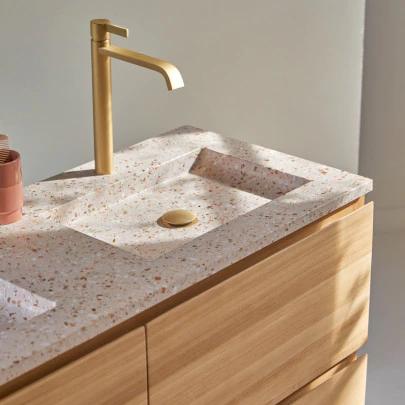 Edgar - Meuble Salle de Bain en teck massif et terrazzo premium Pink 120 cm