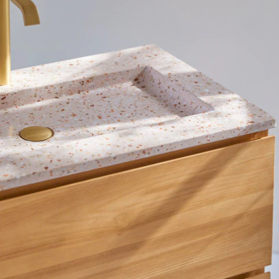 Edgar - Meuble Salle de Bain en teck massif et terrazzo premium Pink 80 cm