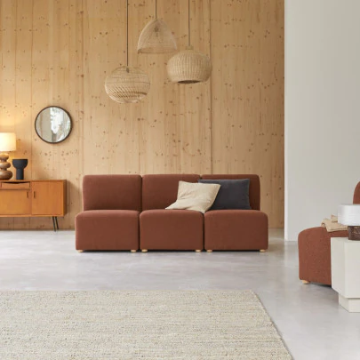 Swann - Banquette modulable en acacia massif et tissu terracotta, 3 places