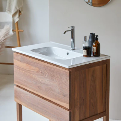 Edgar - Meuble salle de bain en noyer massif et céramique 80 cm