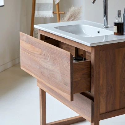 Edgar - Meuble salle de bain en noyer massif et céramique 80 cm