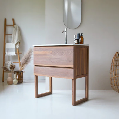 Edgar - Meuble salle de bain en noyer massif et céramique 80 cm